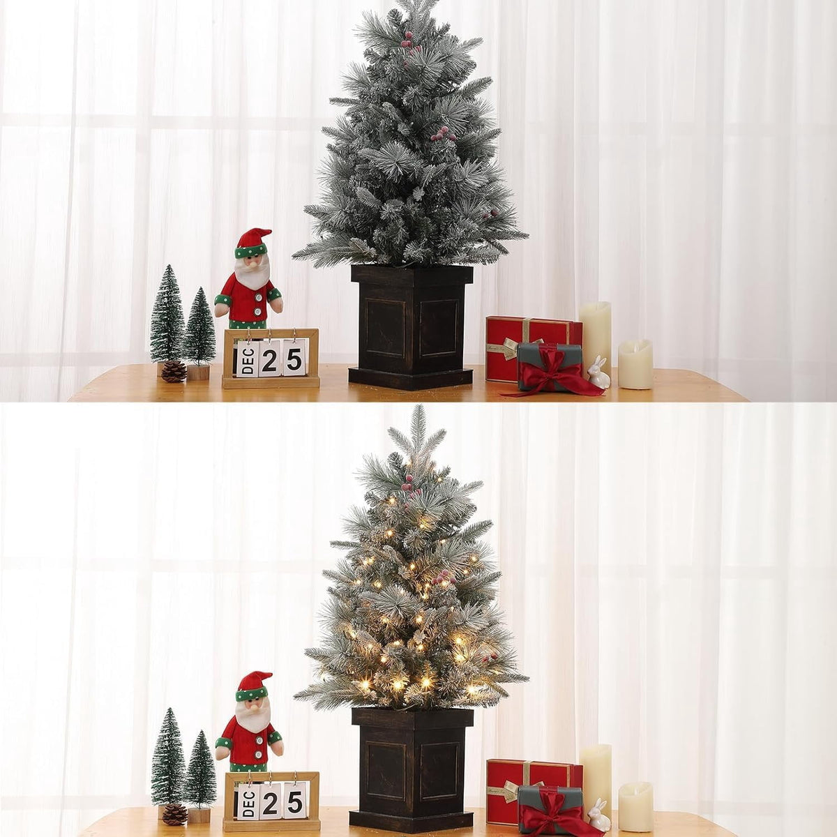 Flarhetoric 3FT Pre-Lit Snow Flocked Artificial Christmas Tree, 78 Warm White LEDs, 8 Lighting Modes, Red Berries, Easy Assembly, Tabletop Xmas Tree for Desk or Table Holiday Decor, Linen Base