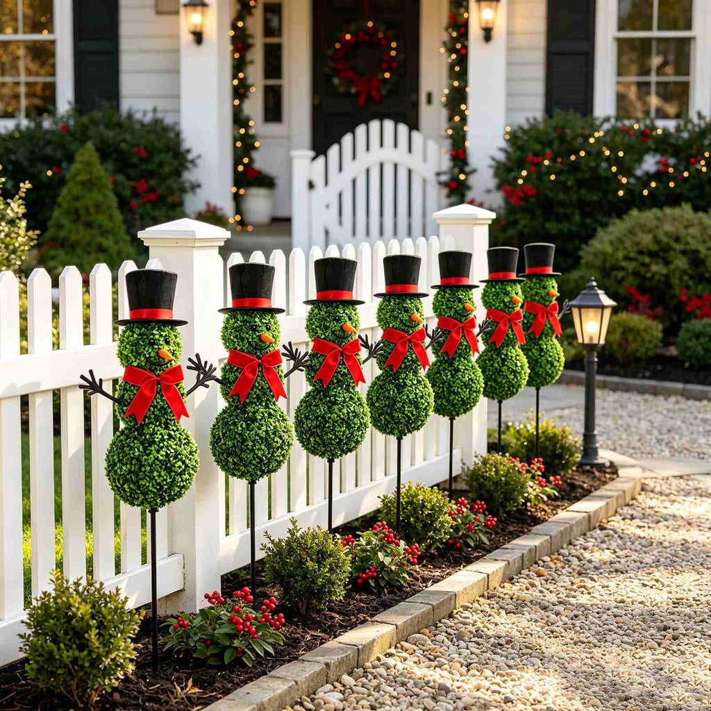 Christmas Snowman Topiary, Artificial Snowman Shaped Boxwood Tree with Santa Hat, Topiary for Outdoor Indoor Porch Decor Holiday Home and Garden Styling