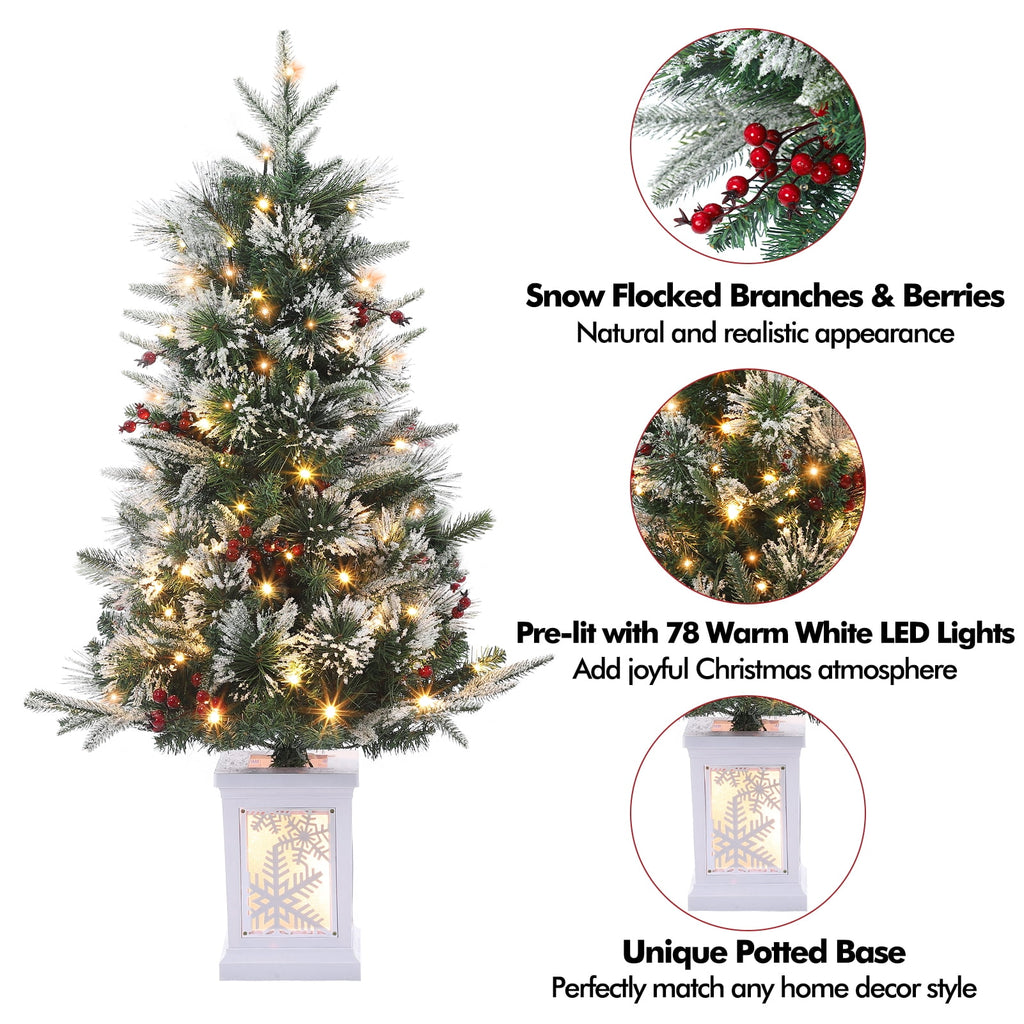 Flarhetoric 3FT Pre-Lit Snow Flocked Artificial Christmas Tree, 78 Warm White LEDs, 8 Lighting Modes, Red Berries, Easy Assembly, Tabletop Xmas Tree for Desk or Table Holiday Decor, Linen Base