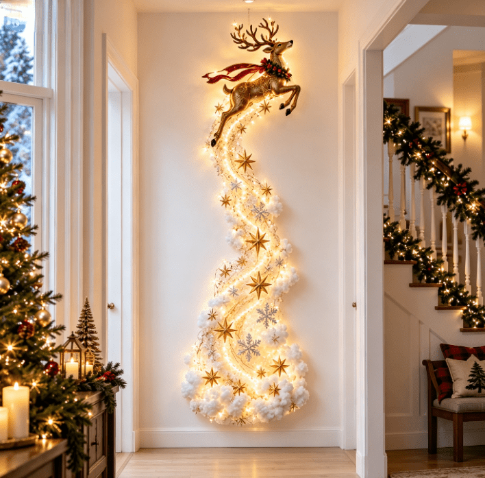 Christmas Staircase Banister Decor Set of 5 Lighted Santa Snow Scene Garland for Stair Railing Indoor Seasonal Home Ornament