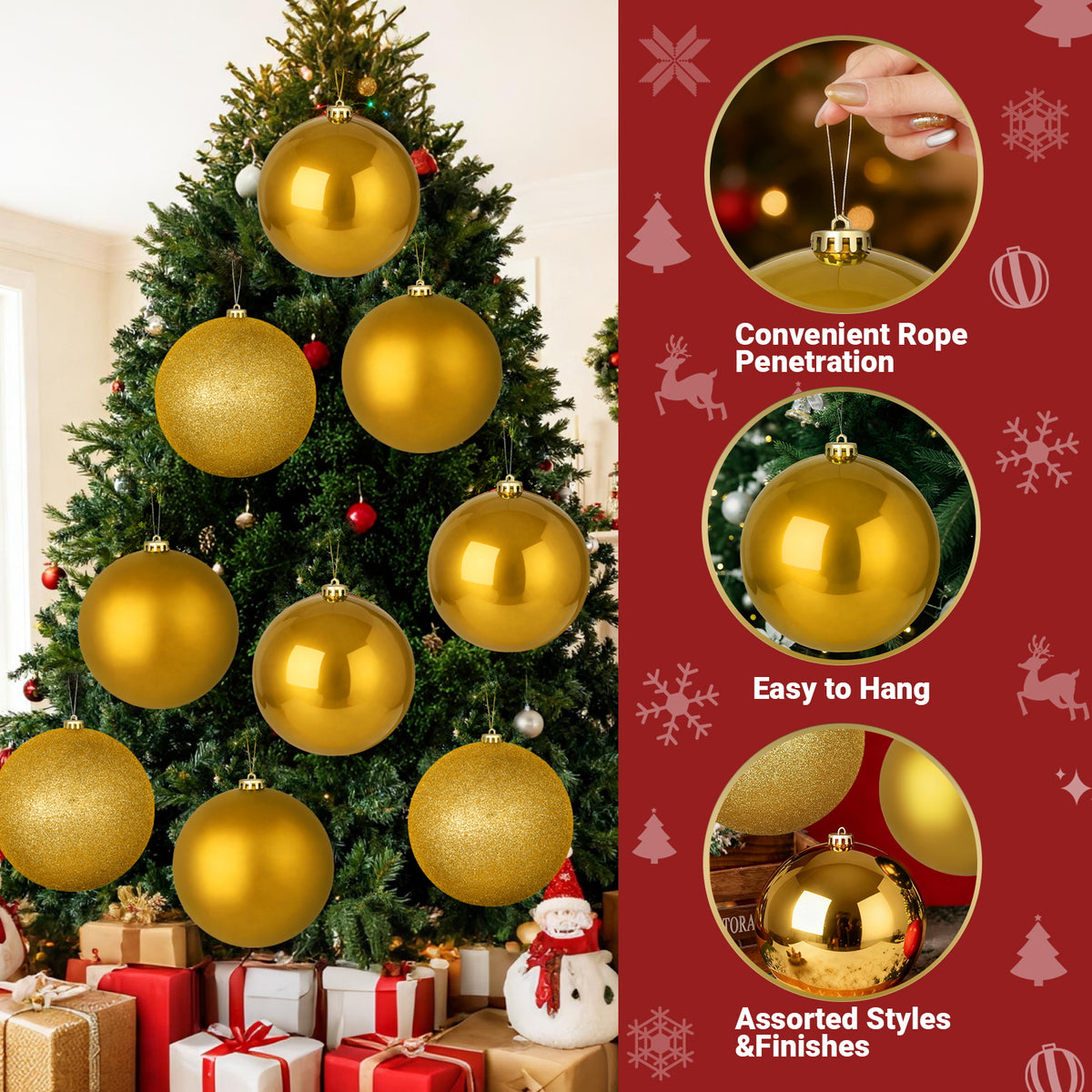 LAMPHOME 12PK 8" Shatterproof Christmas Ball Ornaments, Glossy & Matte & Glitter Gold Assortment, Sparkling Xmas Tree Decorations for Holiday Home