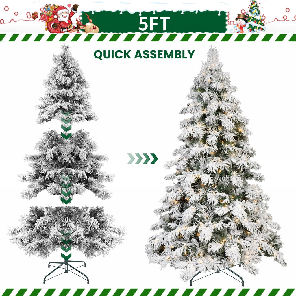 8 Ft Flocked Scarecrow-Shaped Christmas Tree with 470 Warm White LED Lights, 1242 PVC Memory Wire Tips,Power Pole & Hinged Structure , Realistic Snowy Holiday Tree