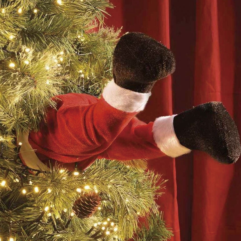 3Pcs Christmas Decroations, Santa Legs for Christmas Tree, Christmas Tree Swinging & Kicking Legs, Funny Santa Stuffed Leg Stuck in Tree Topper for Christmas Tree Decor & Home New Year Party Decor