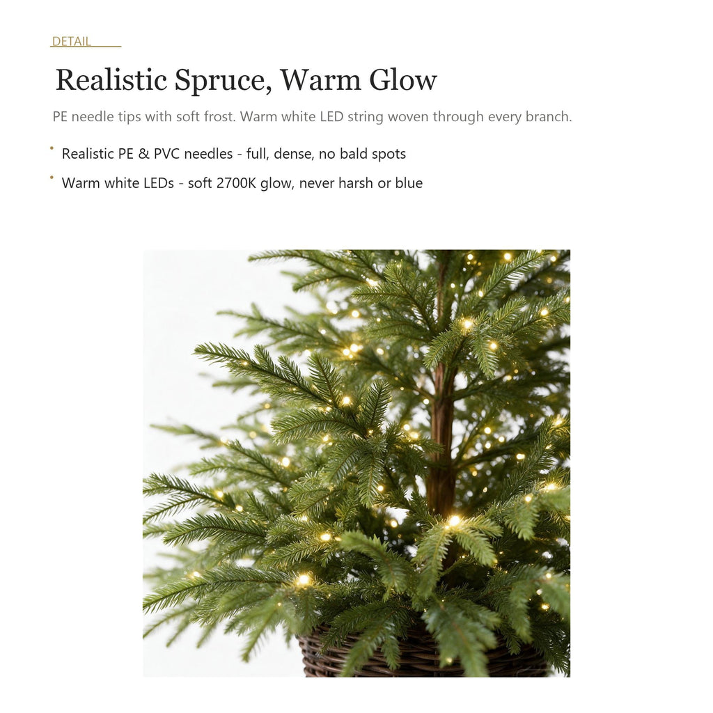 Potted Christmas Tree, 47 Inch Artificial Spruce With Woven Basket And Warm White LED Lights, For Entryway, Living Room, Porch - Style 1 - 47 Inch