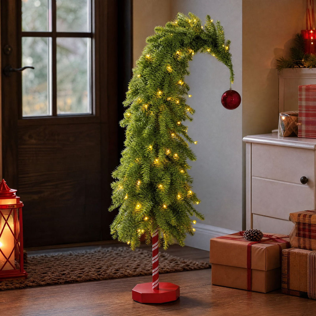 MInHoues 4.5Ft Whimsical Christmas Tree with Lights, Pre‑Lit Warm LED Bent Christmas Tree with Red Ornament, Candy Cane Base Tabletop Holiday Decor, Battery Operated Curved Xmas Tree for Home Party