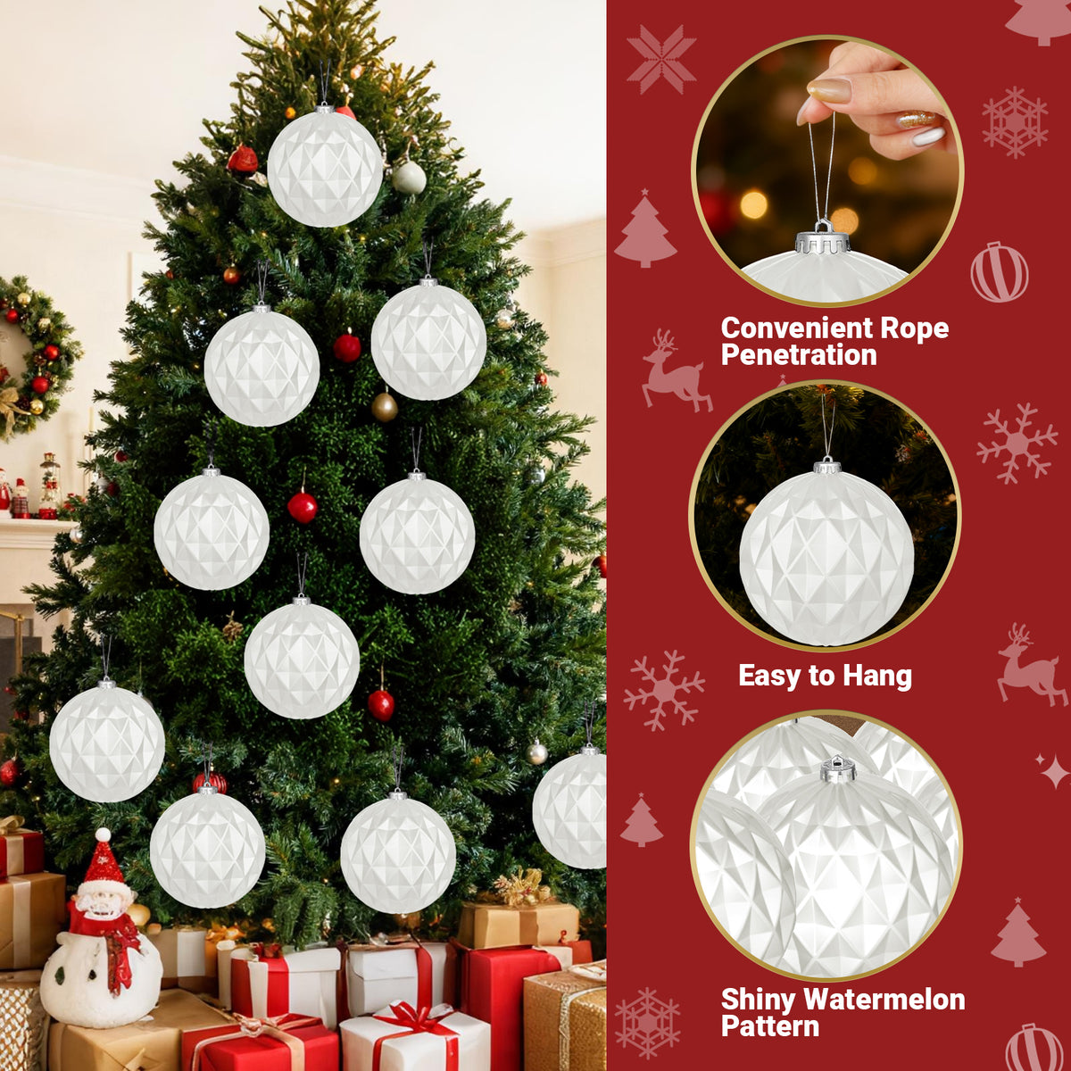 12PK 6" Shatterproof Christmas Ball Ornaments, Solid White Festive Xmas Decor, Classic Tree Ornaments for Holiday Celebration