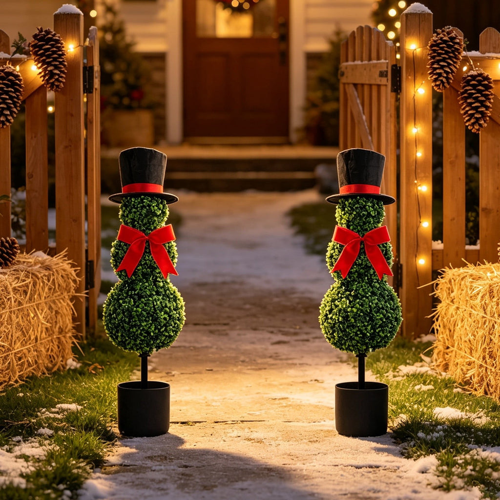 Christmas Snowman Topiary, Artificial Snowman Shaped Boxwood Tree with Santa Hat, Topiary for Outdoor Indoor Porch Decor Holiday Home and Garden Styling