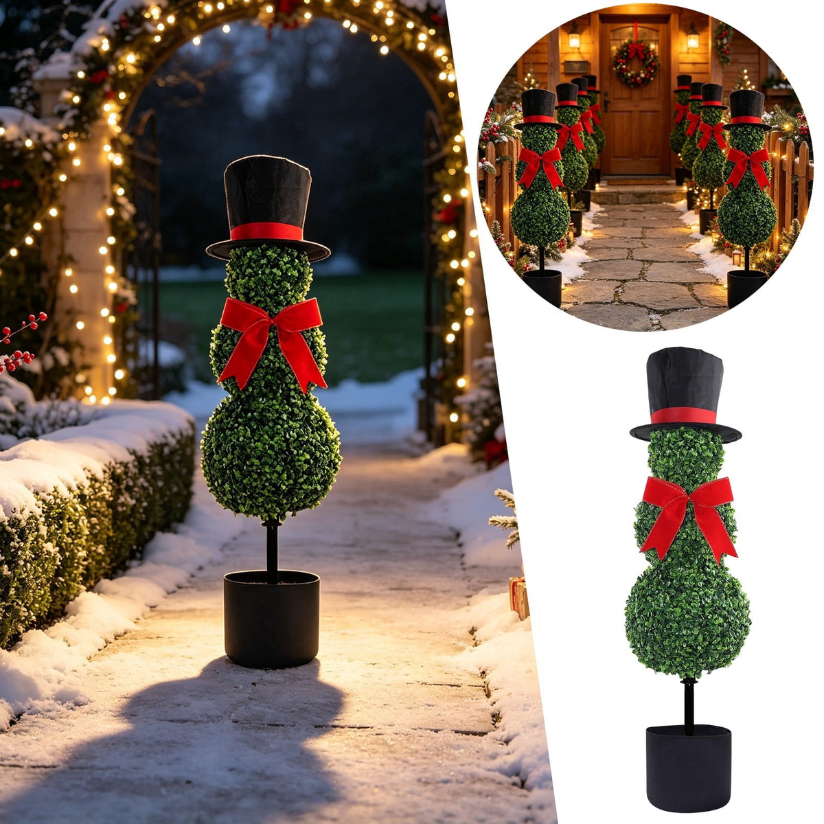 Christmas Snowman Topiary, Artificial Snowman Shaped Boxwood Tree with Santa Hat, Topiary for Outdoor Indoor Porch Decor Holiday Home and Garden Styling