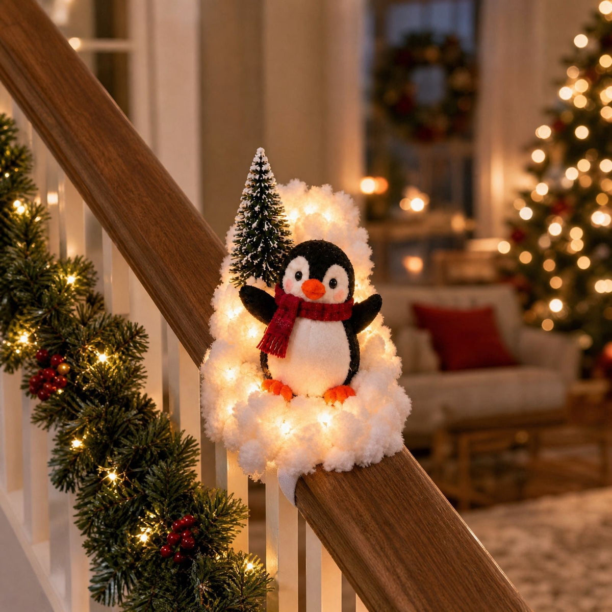 5Pack Penguin Christmas Stair Snow Decor Set,Festive Railing Accent with Playful Winter Scene,