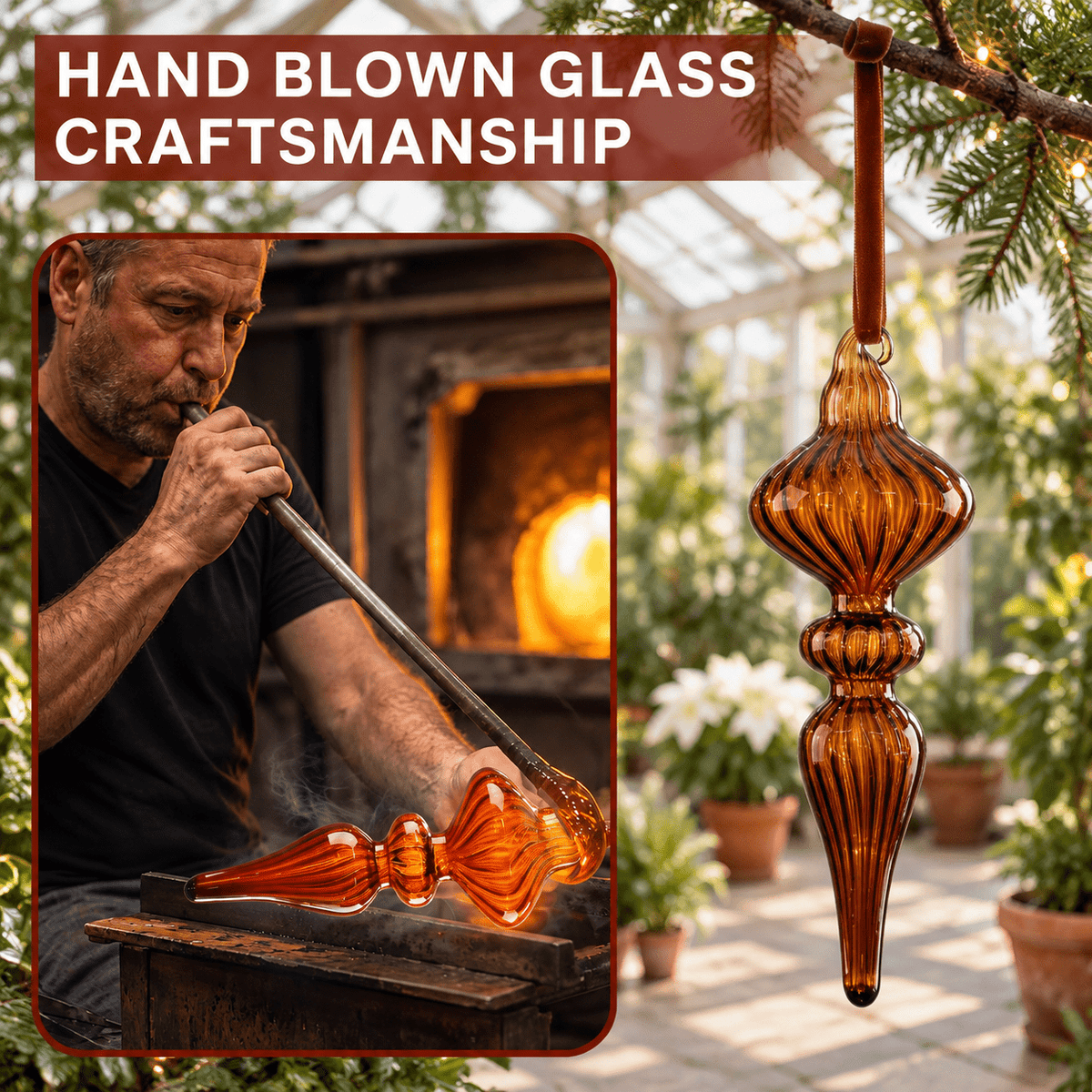 12 Burgundy Red Hand Blown Glass Finial Christmas Ornament Set