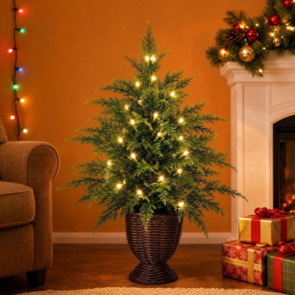 Potted Christmas Tree, 47 Inch Artificial Spruce With Woven Basket And Warm White LED Lights, For Entryway, Living Room, Porch - Style 1 - 47 Inch