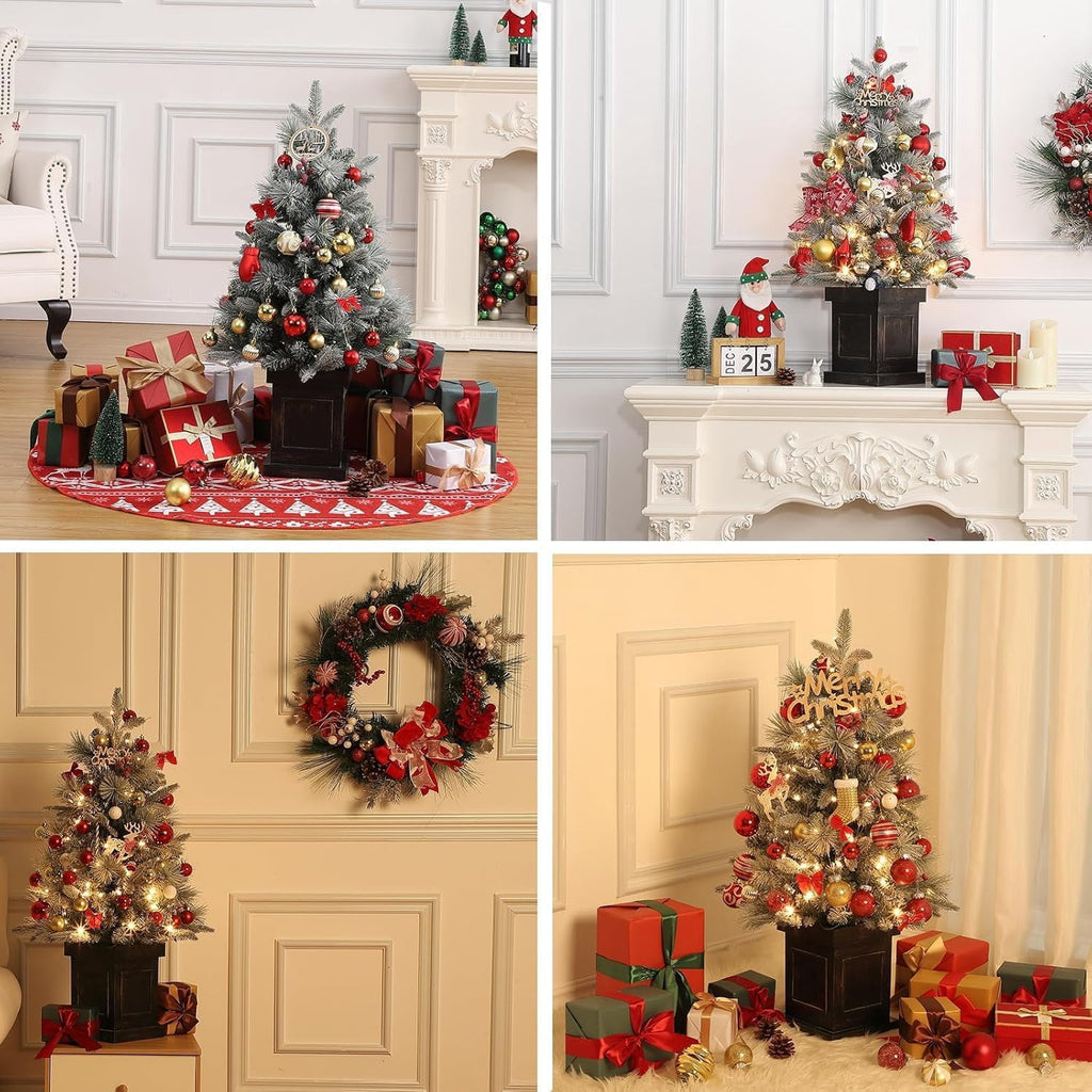 Flarhetoric 3FT Pre-Lit Snow Flocked Artificial Christmas Tree, 78 Warm White LEDs, 8 Lighting Modes, Red Berries, Easy Assembly, Tabletop Xmas Tree for Desk or Table Holiday Decor, Linen Base