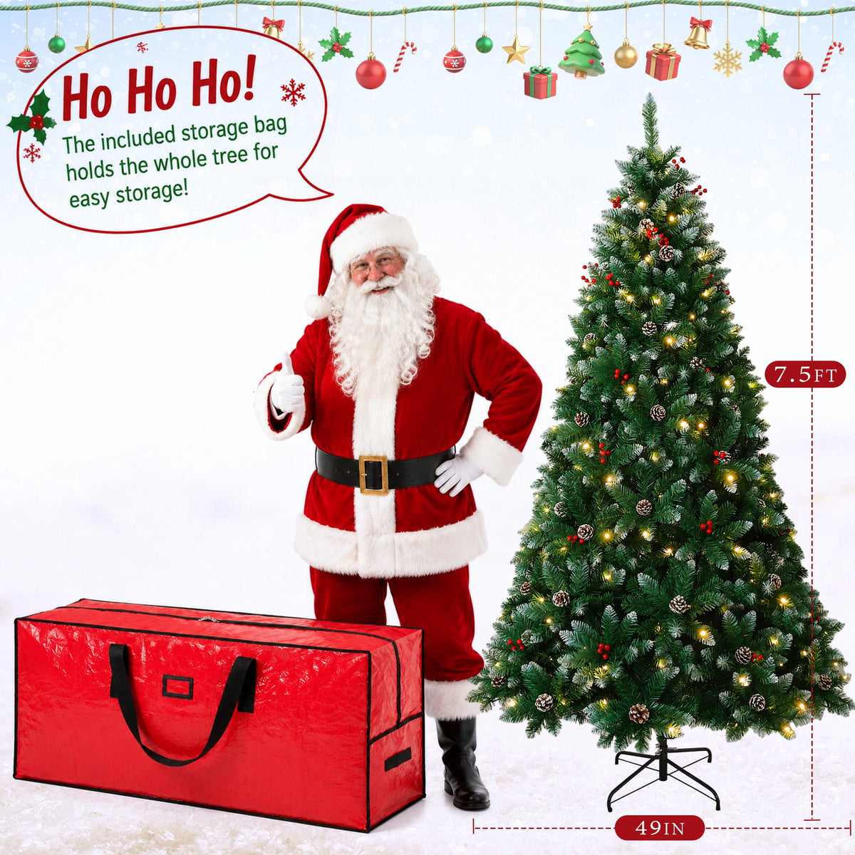 Yexmas 6FT Pre-Lit Christmas Tree with Pinecones and Red Berries,Artificial Green Xmas Tree with Large Storage Bag for Home, Office, Party Decoration