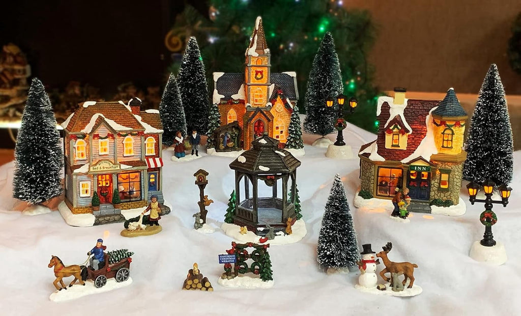 20-Piece Lighted Christmas Village Set with LED Lights Battery Operated Miniature Holiday Town Display Hand-Painted Christmas Houses, Figurines & Trees Gift-Ready Packaging