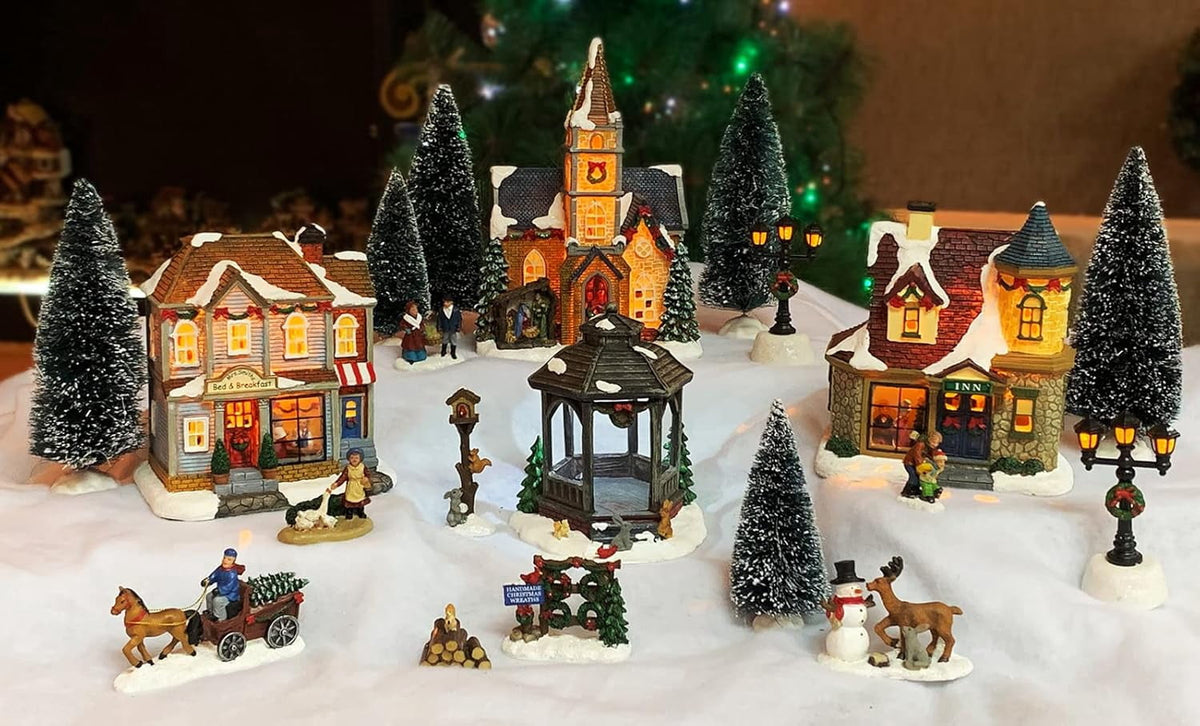 20-Piece Lighted Christmas Village Set with LED Lights Battery Operated Miniature Holiday Town Display Hand-Painted Christmas Houses, Figurines & Trees Gift-Ready Packaging
