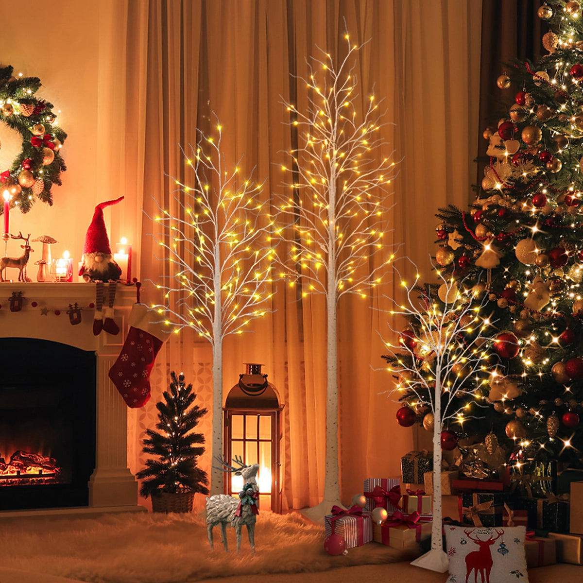 DR.Planzen LED Birch Tree Light Set - 4ft, 6ft, 8ft Artificial Pre-lit Trees - with Plug-in Warm Lights - Indoor Outdoor Christmas Holiday Wedding Decor for Home Party (3-Pack)