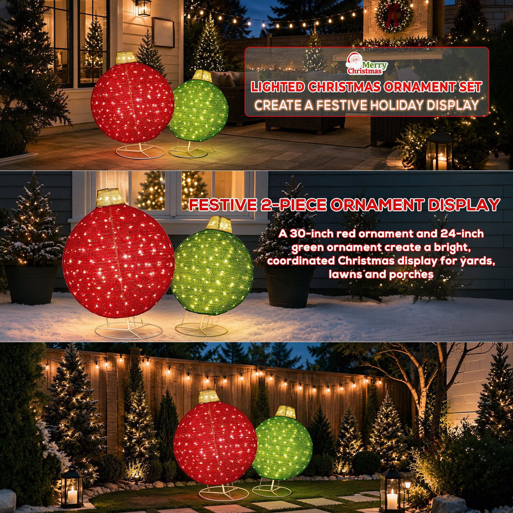 ROMSWI 2pc Iron Christmas Ornament Decoration Pop-up Hanging for Xmas Outdoor Holiday w/230 LED Light Assorted Colors - 30" & 24" Set