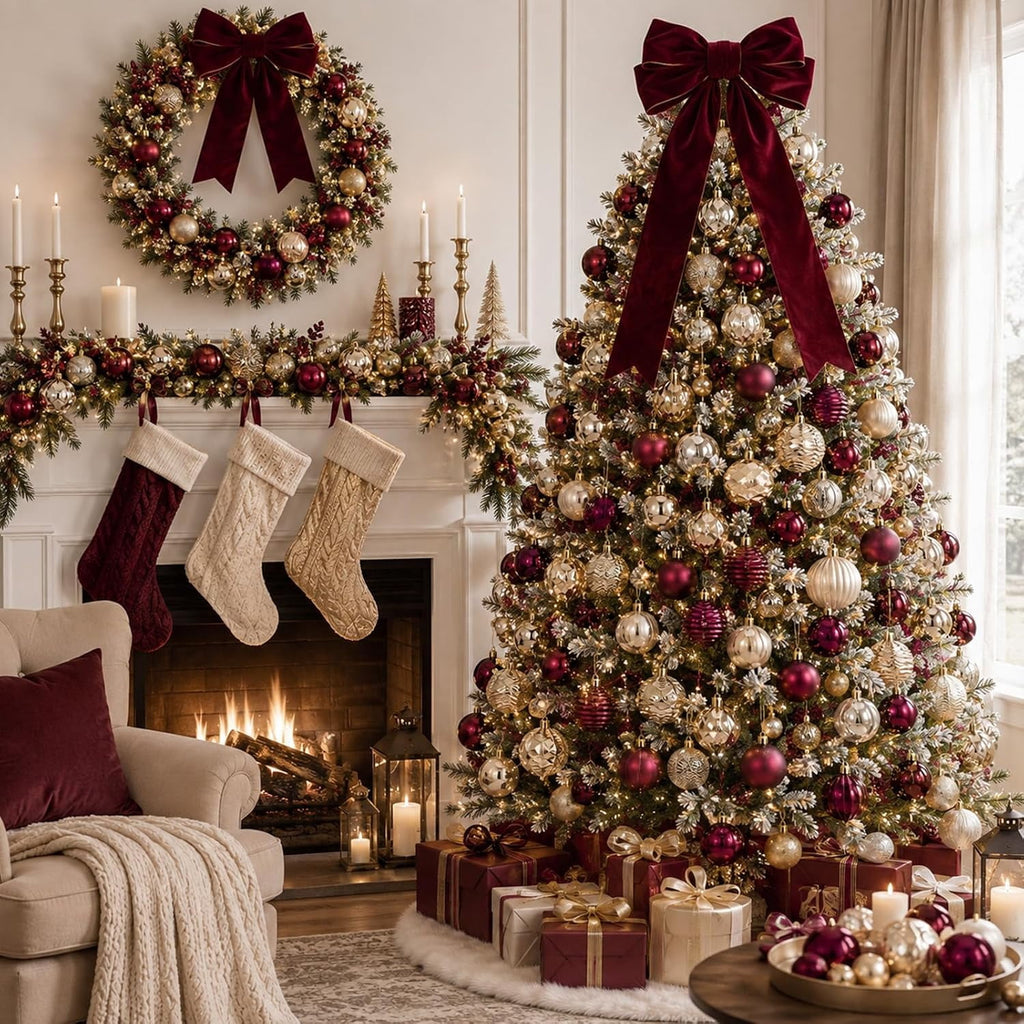 64 Pack Burgundy Gold Hanging Baubles, 1.57 / 1.97 / 2.36 Inch Christmas Tree Decor Balls