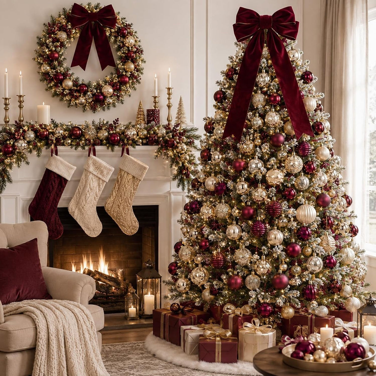 64 Pack Burgundy Gold Hanging Baubles, 1.57 / 1.97 / 2.36 Inch Christmas Tree Decor Balls