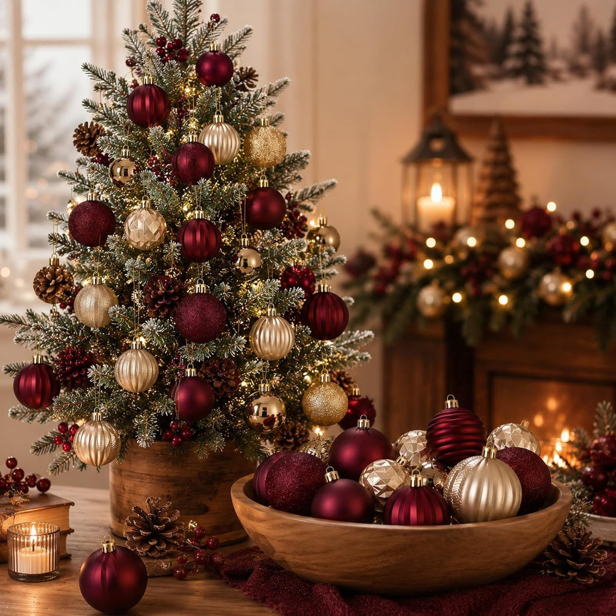 64 Pack Burgundy Gold Hanging Baubles, 1.57 / 1.97 / 2.36 Inch Christmas Tree Decor Balls