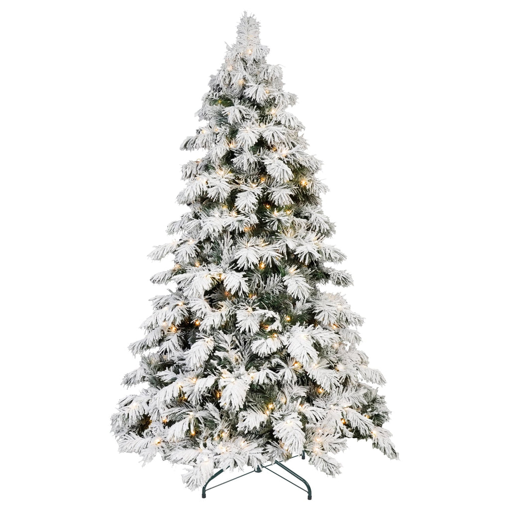 8 Ft Flocked Scarecrow-Shaped Christmas Tree with 470 Warm White LED Lights, 1242 PVC Memory Wire Tips,Power Pole & Hinged Structure , Realistic Snowy Holiday Tree