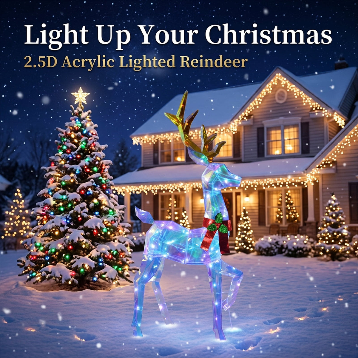 48" 3-Piece 2.5D Colorful Lighted Christmas Deer Family Outdoor Decorations, Clear-Look Reindeer Set with 145 Lights, Gold Antlers, Stakes and Zip Ties for Yard Lawn Porch Garden Holiday Decor