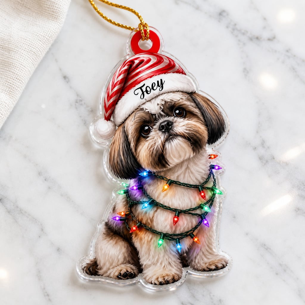 Ornament Custom Name Sitting Shih Tzu Dog Santa Hat Flat 2D Christmas Tree Hanging Decor for Pet Lovers