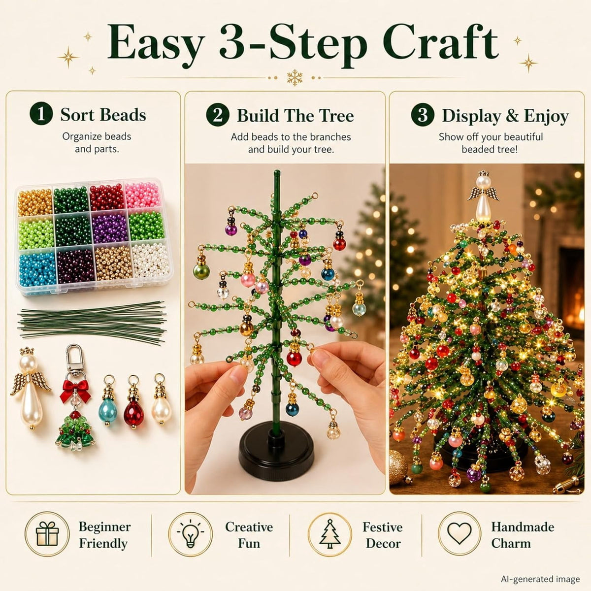 DIY Beaded Christmas Tree Kit,Handmade Mini Xmas Bead Art Craft Set,3D Crystal Bead Holiday Tree Making Project,Creative Tabletop Christmas Decoration,Relaxing DIY Activity and Festive Gift(#06)