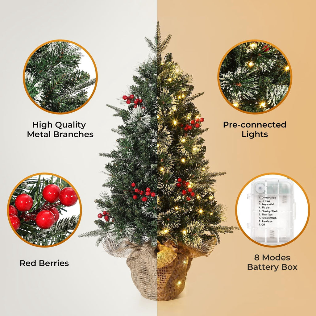 Flarhetoric 3FT Pre-Lit Snow Flocked Artificial Christmas Tree, 78 Warm White LEDs, 8 Lighting Modes, Red Berries, Easy Assembly, Tabletop Xmas Tree for Desk or Table Holiday Decor, Linen Base