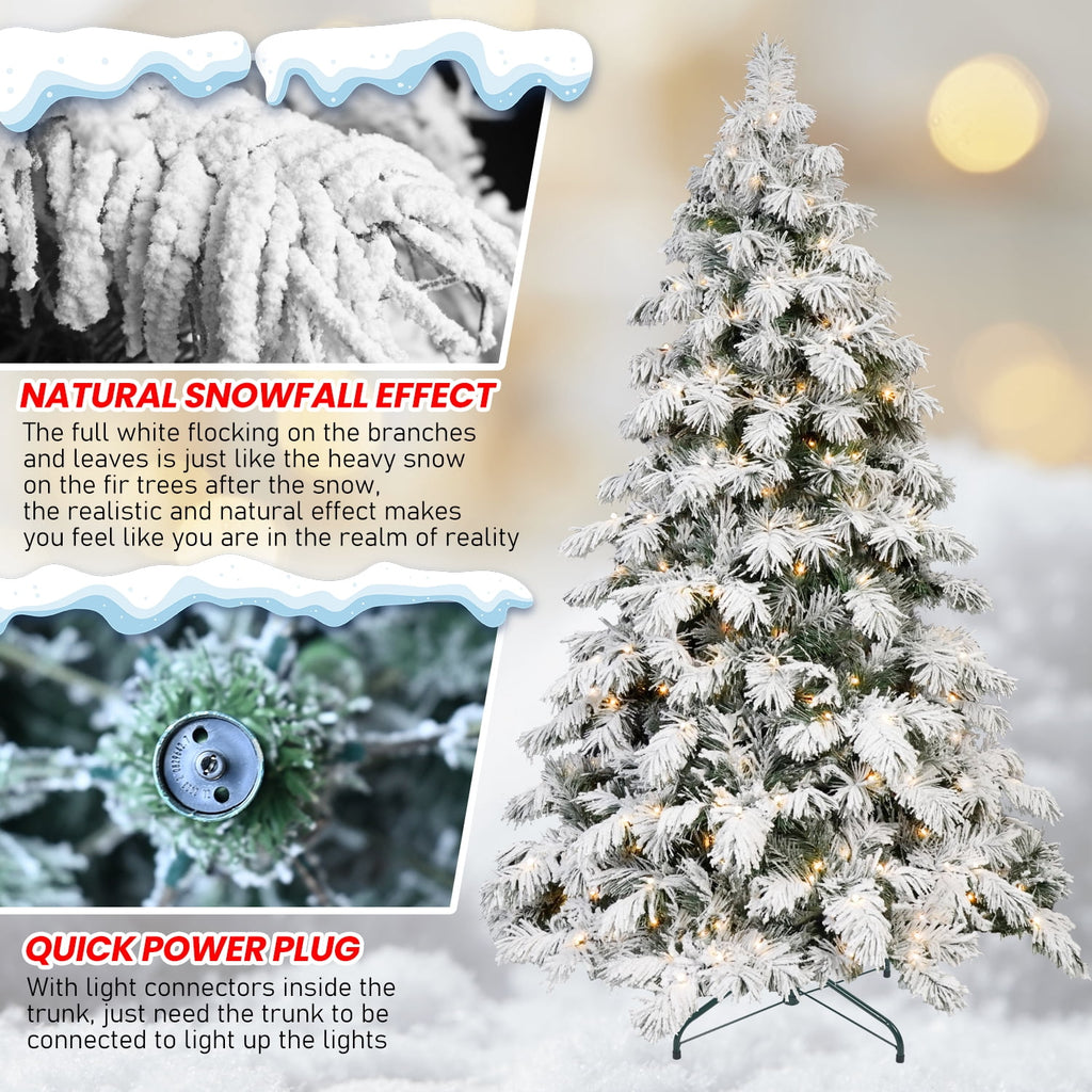 8 Ft Flocked Scarecrow-Shaped Christmas Tree with 470 Warm White LED Lights, 1242 PVC Memory Wire Tips,Power Pole & Hinged Structure , Realistic Snowy Holiday Tree