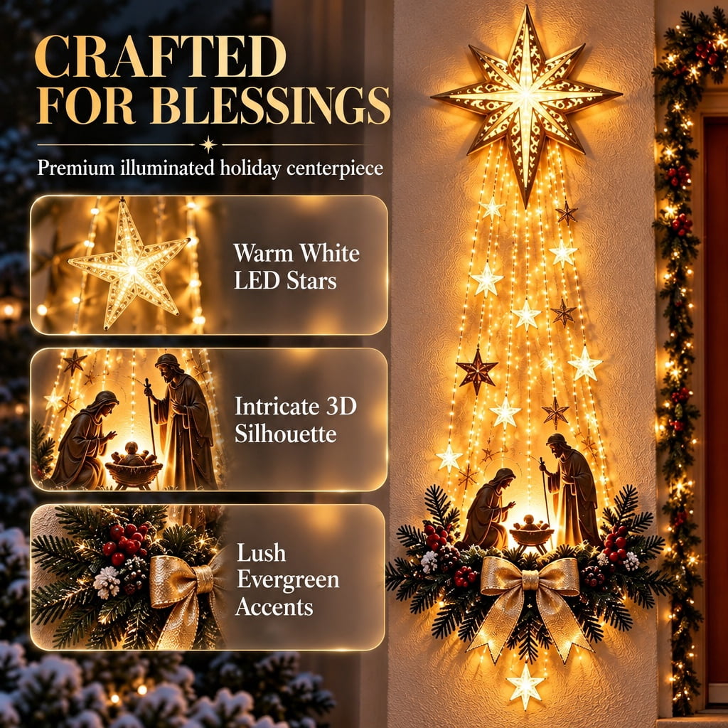 Christmas Decor,Lighted Nativity Bethlehem Star Wall Decor – Warm LED Star Lights, Gold, Indoor & Outdoor Christmas Wall Hanging