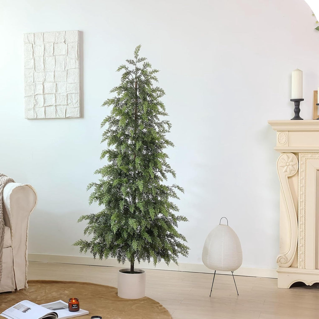 2 Set 4FT Lifelike Touch Artificial Cedar Topiary Trees for Front Porch | Fake Christmas Trees, Faux Potted Plants, UV Resistant Fake Greenery, for Front Door Garden Outdoor Farmhouse Home Decoration