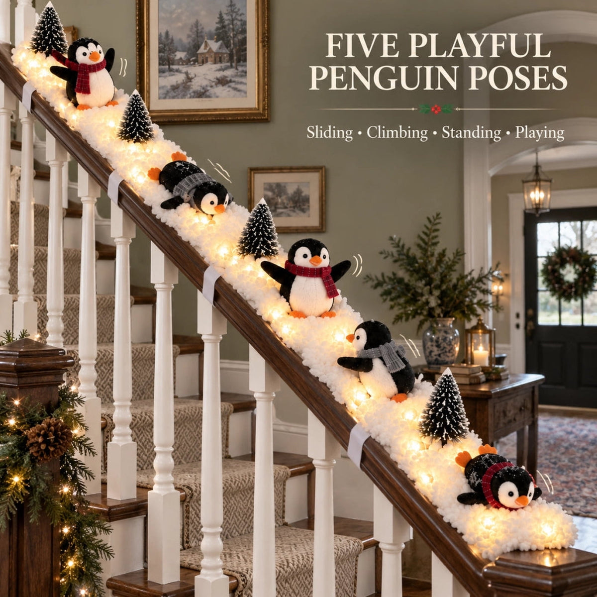 5Pack Penguin Christmas Stair Snow Decor Set,Festive Railing Accent with Playful Winter Scene,