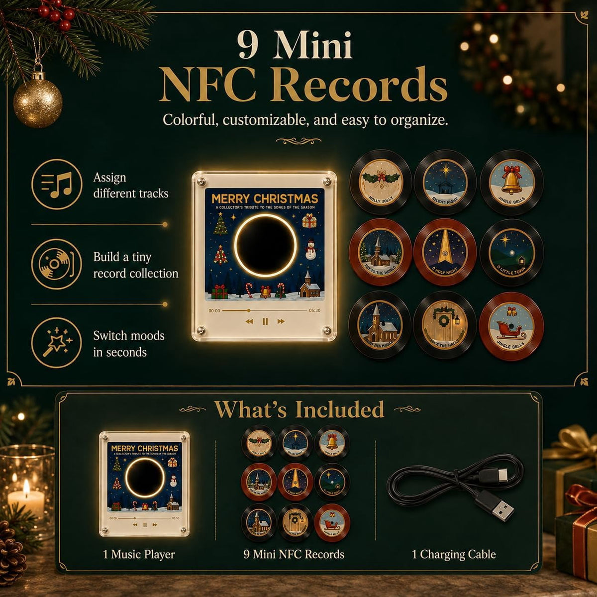Christmas Music Refrigerator Stickers, Playable Magnetic Discs With Music Player Unit, Interactive Xmas Fridge Decor, Novelty Gift For Family Holiday Gatherings (B)