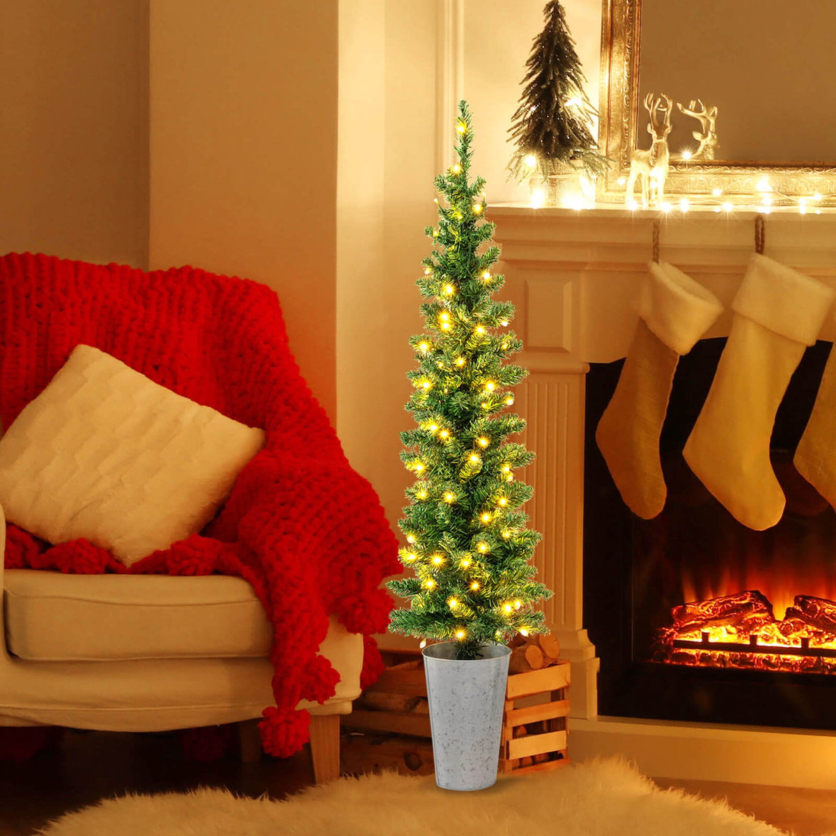 Costway 3' 4' 5' Artificial Christmas Tree Set with 30 + 50 + 70 LED Lights Holiday Decoration Tree