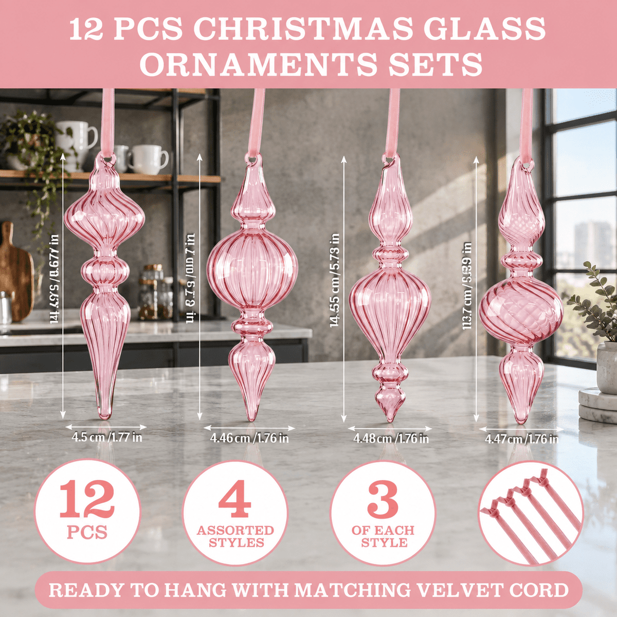 12 Burgundy Red Hand Blown Glass Finial Christmas Ornament Set