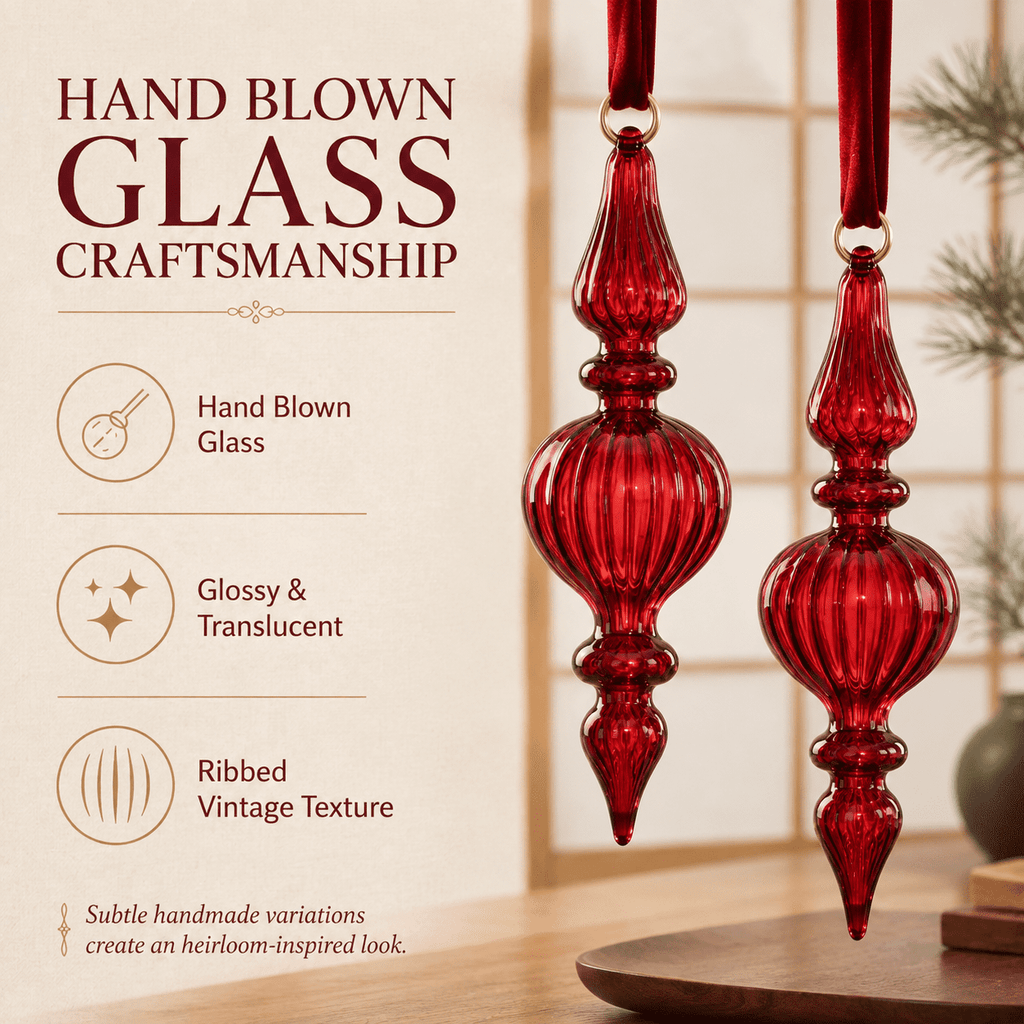 12 Burgundy Red Hand Blown Glass Finial Christmas Ornament Set