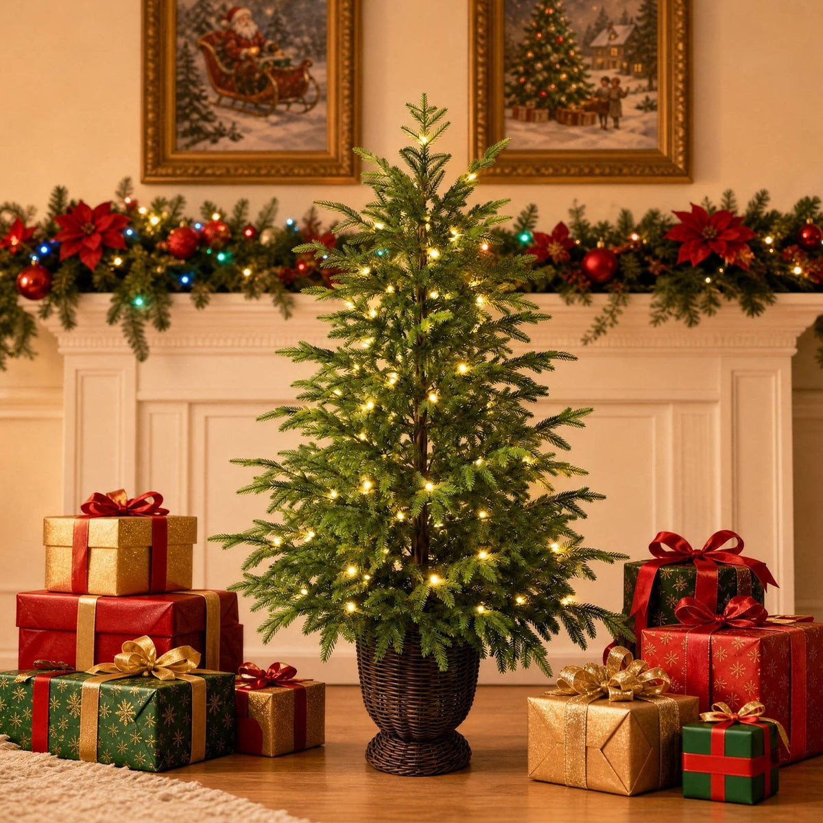 Potted Christmas Tree, 47 Inch Artificial Spruce With Woven Basket And Warm White LED Lights, For Entryway, Living Room, Porch - Style 1 - 47 Inch