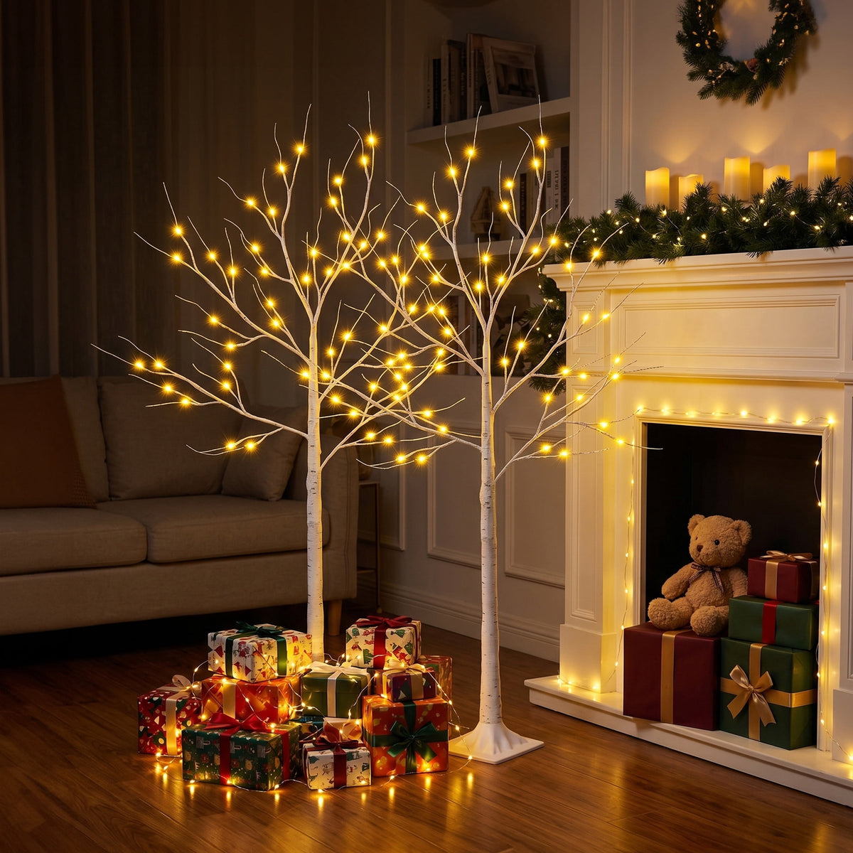 DR.Planzen LED Birch Tree Light Set - 4ft, 6ft, 8ft Artificial Pre-lit Trees - with Plug-in Warm Lights - Indoor Outdoor Christmas Holiday Wedding Decor for Home Party (3-Pack)