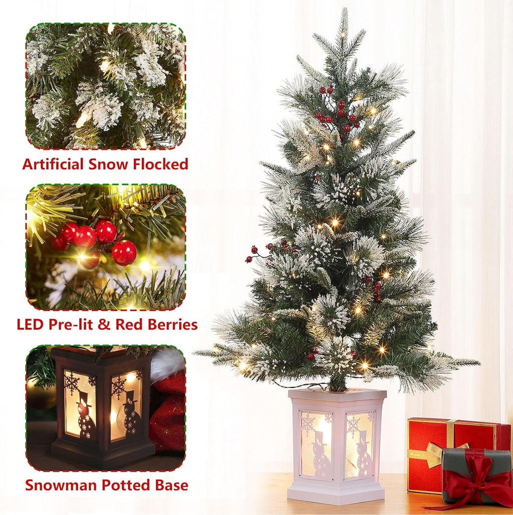 Flarhetoric 3FT Pre-Lit Snow Flocked Artificial Christmas Tree, 78 Warm White LEDs, 8 Lighting Modes, Red Berries, Easy Assembly, Tabletop Xmas Tree for Desk or Table Holiday Decor, Linen Base