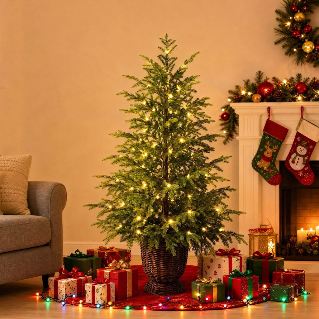 Potted Christmas Tree, 47 Inch Artificial Spruce With Woven Basket And Warm White LED Lights, For Entryway, Living Room, Porch - Style 1 - 47 Inch