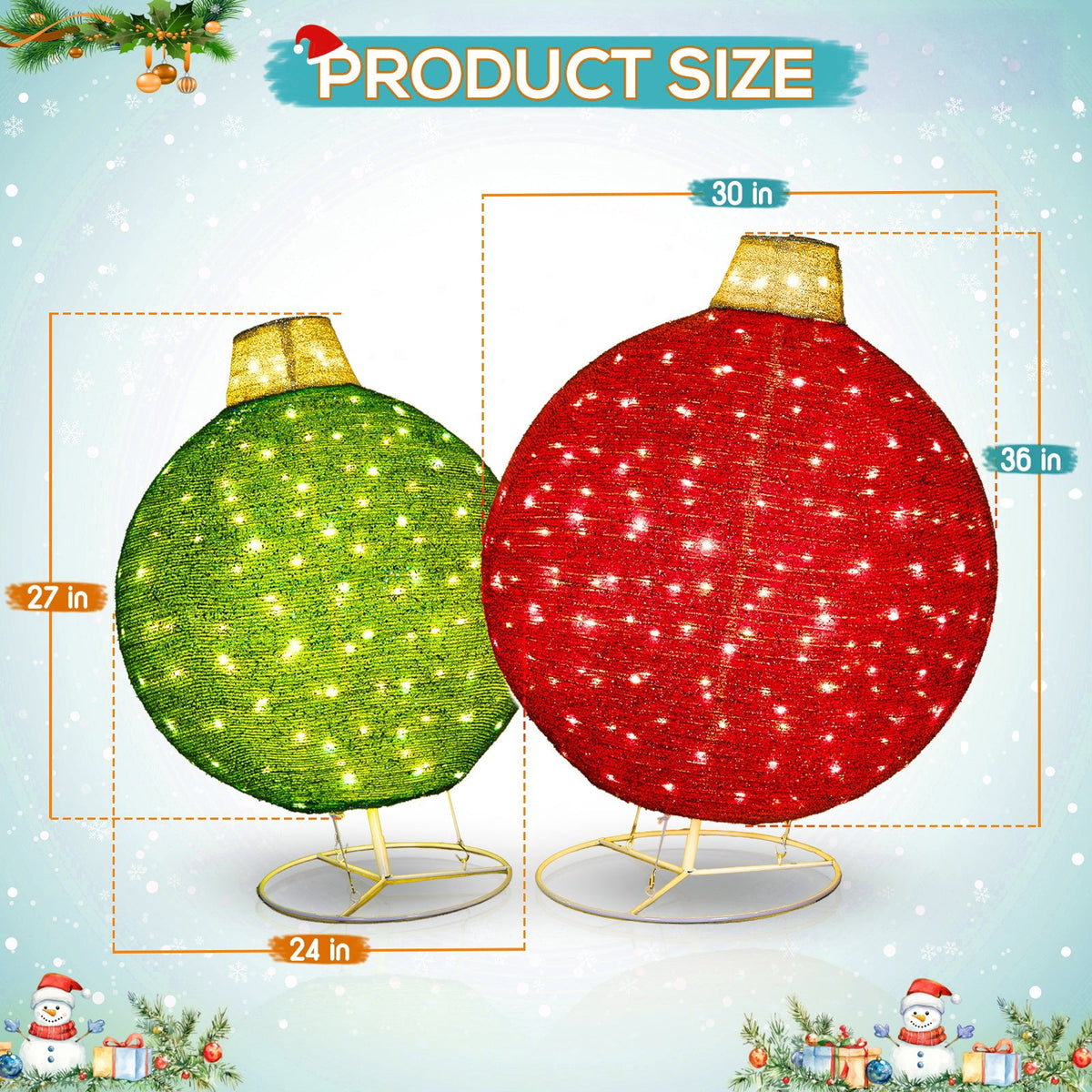 ROMSWI 2pc Iron Christmas Ornament Decoration Pop-up Hanging for Xmas Outdoor Holiday w/230 LED Light Assorted Colors - 30" & 24" Set