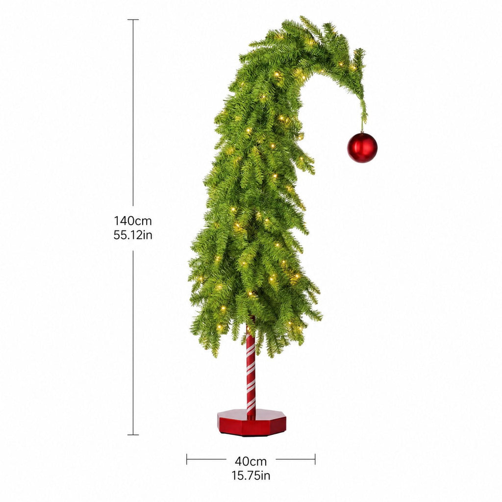 MInHoues 4.5Ft Whimsical Christmas Tree with Lights, Pre‑Lit Warm LED Bent Christmas Tree with Red Ornament, Candy Cane Base Tabletop Holiday Decor, Battery Operated Curved Xmas Tree for Home Party