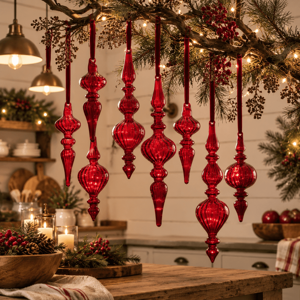 12 Burgundy Red Hand Blown Glass Finial Christmas Ornament Set