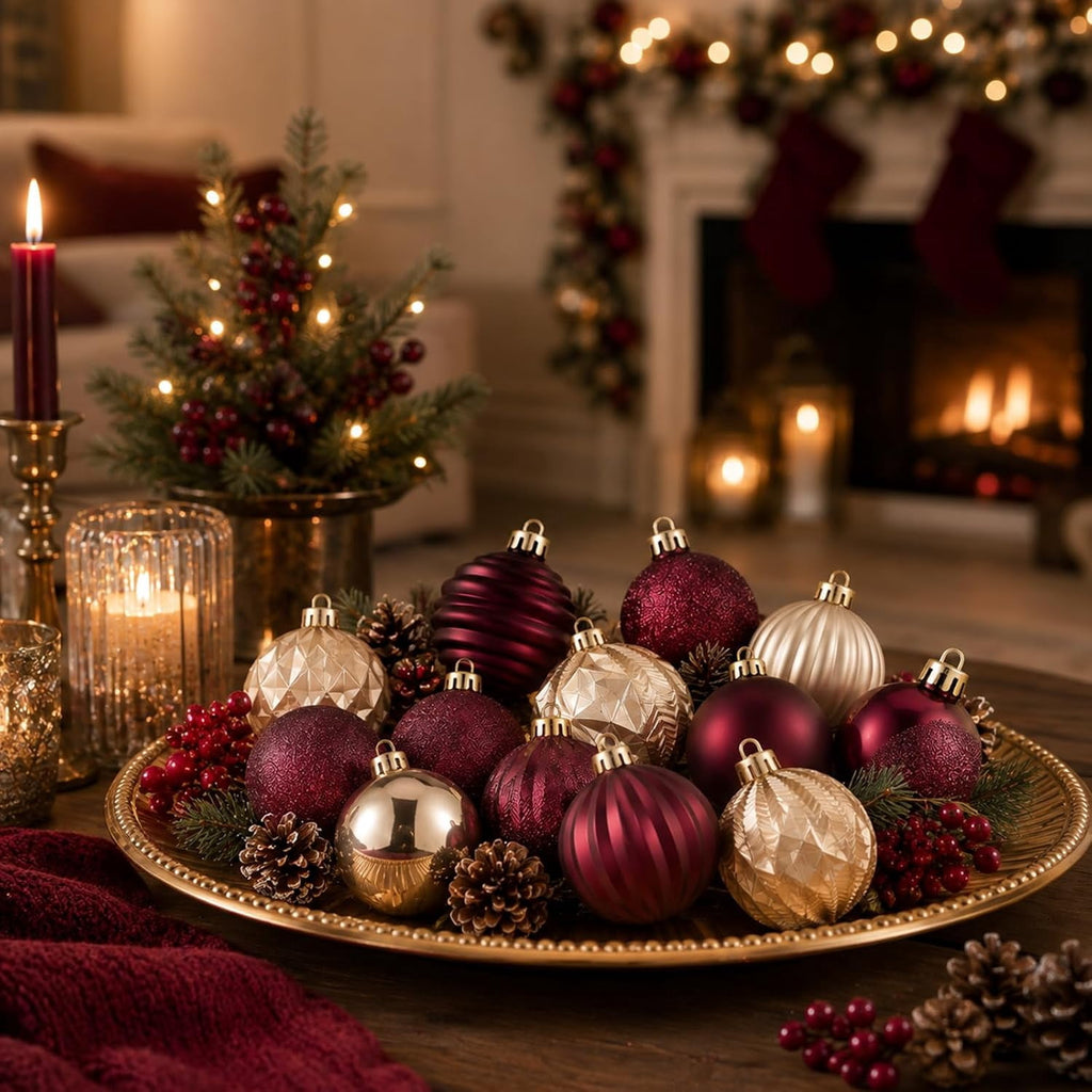 64 Pack Burgundy Gold Hanging Baubles, 1.57 / 1.97 / 2.36 Inch Christmas Tree Decor Balls