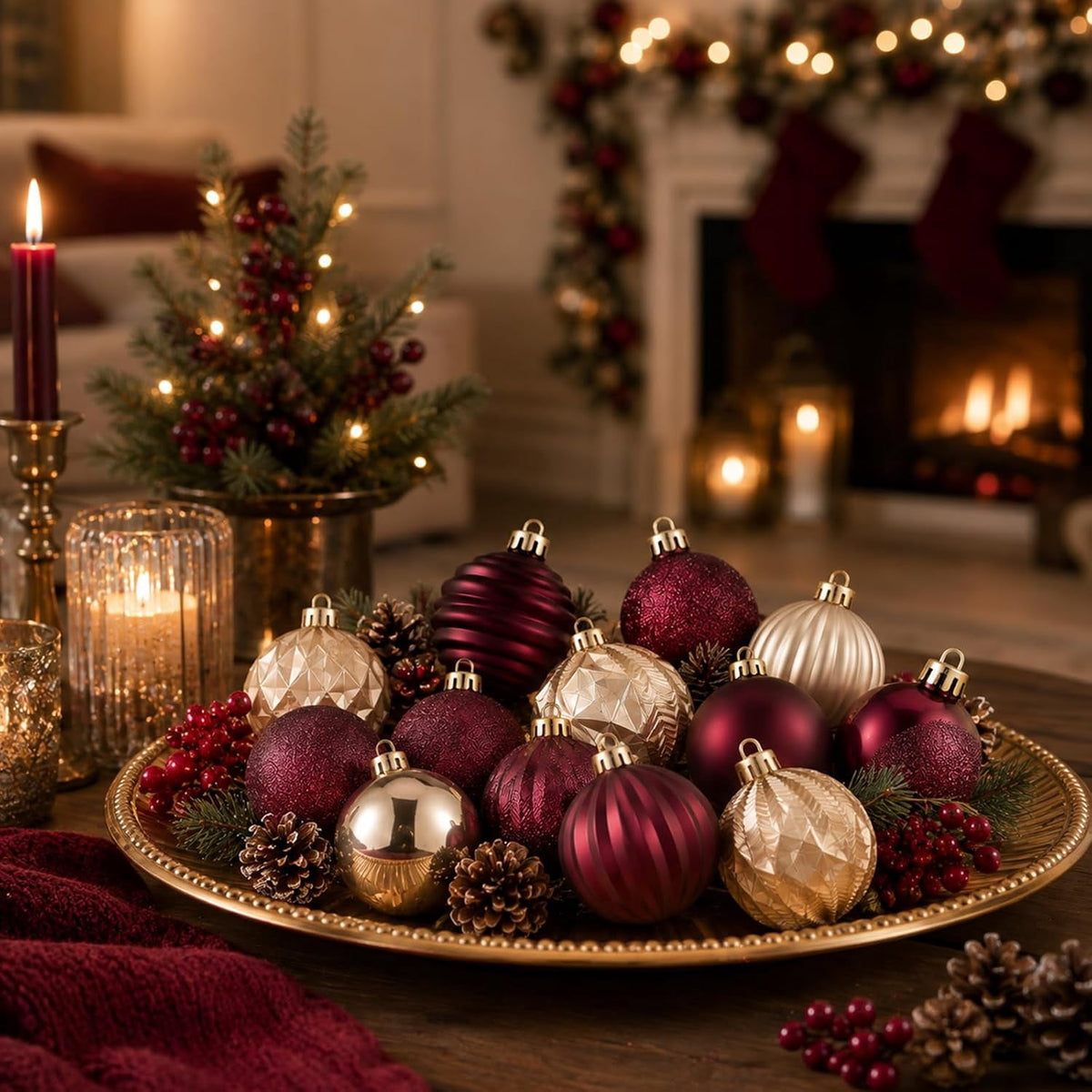 64 Pack Burgundy Gold Hanging Baubles, 1.57 / 1.97 / 2.36 Inch Christmas Tree Decor Balls