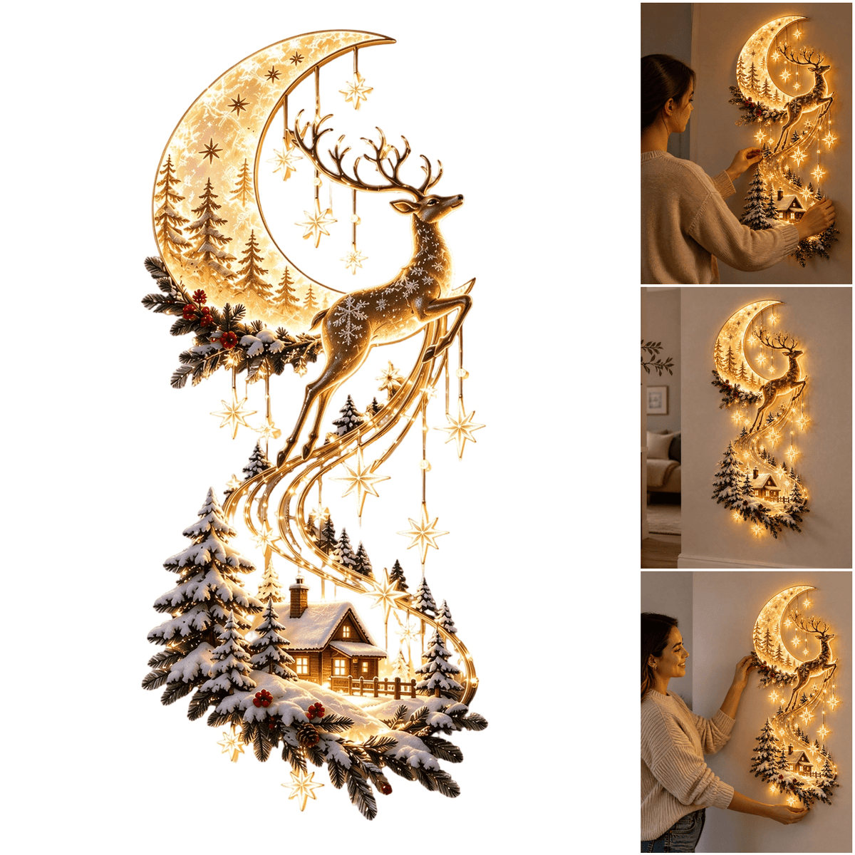 Christmas Staircase Banister Decor Set of 5 Lighted Santa Snow Scene Garland for Stair Railing Indoor Seasonal Home Ornament