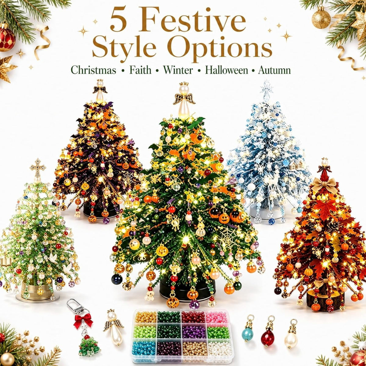 Jingle Beads Christmas Tree Kit, 2026 New DIY Beaded Christmas Tree Kit, with Metal Frame, Sparkling Tabletop Decor for Autumn, Winter & Christmas Halloween Celebrations