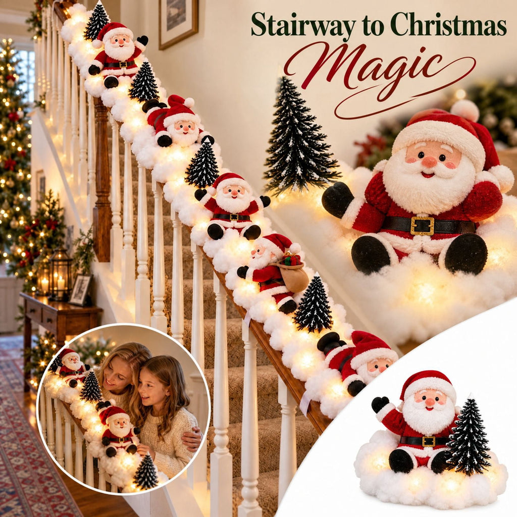 Christmas Staircase Banister Decor Set of 5 Lighted Santa Snow Scene Garland for Stair Railing Indoor Seasonal Home Ornament