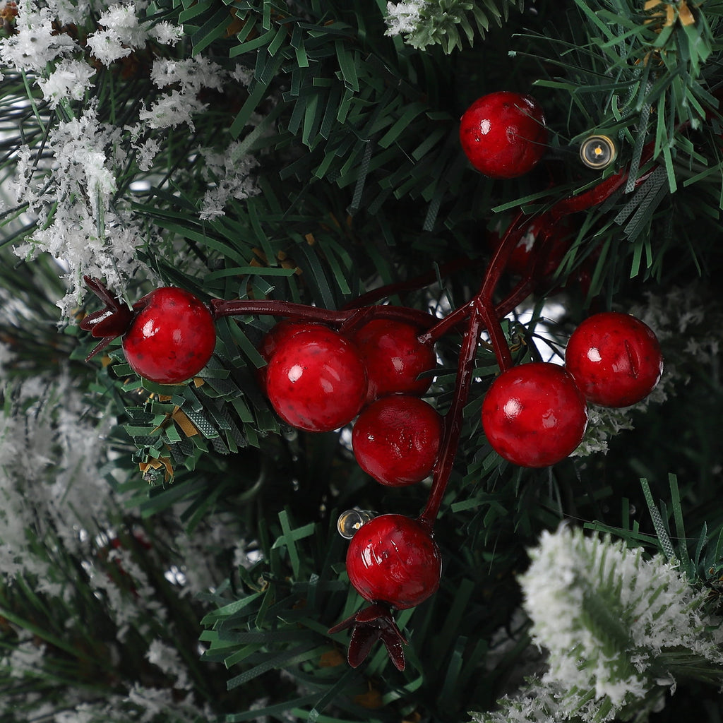 Flarhetoric 3FT Pre-Lit Snow Flocked Artificial Christmas Tree, 78 Warm White LEDs, 8 Lighting Modes, Red Berries, Easy Assembly, Tabletop Xmas Tree for Desk or Table Holiday Decor, Linen Base